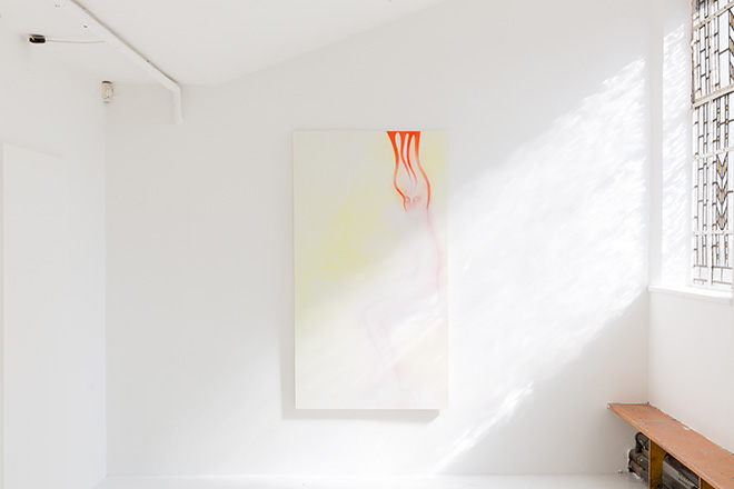 Tal Regev - Flames in May, 2022, Oil on canvas, 100 × 180 cm, Exhibition view, Zabludowicz Collection Invites, 2021.3