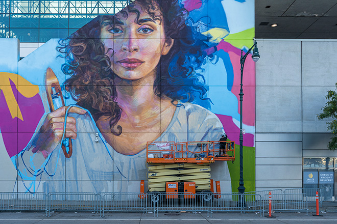 Emily Ding - Sustainable Fashion Mural (work in progress), Hudson Yards, New York. Photo credit: @dr_derek for @StreetArtMankind