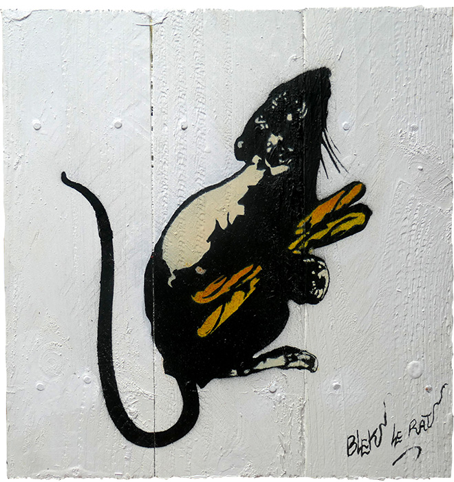 Blek le Rat - Baguettes, 2020. Acrylic and spray paint on wood, Unique work, 30 x 30 cm, Private collection