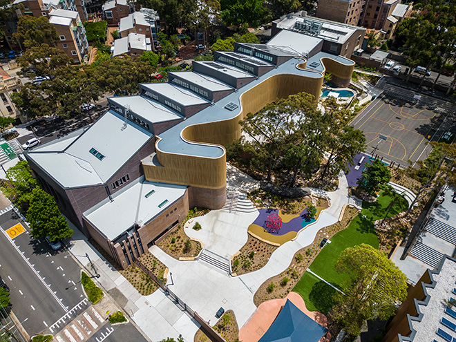 fjcstudio architecture - Darlington Public School, Sydney. An organic screen protects connected learning engages with the landscape. Photo credit: Brett Boardman