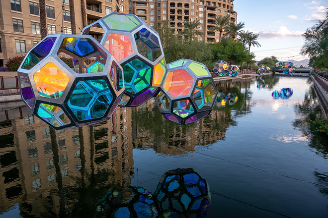 The Urban Conga - Molecules, Arizona Canal, Scottsdale, Arizona (USA). A series of interactive water molecules rising up from the Arizona Canal. Photo credit: Charles Darr