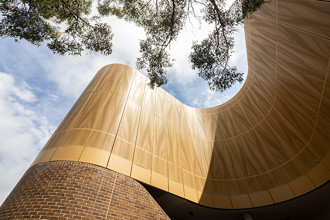 fjcstudio architecture - Darlington Public School, Sydney. Organic perforated aluminium screen on the east facade encloses the stairs, cola and open learning spaces. Photo credit: Brett Boardman