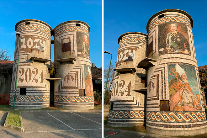 Il mosaico celebrativo di Refreshink sui silos di Orfengo (No)