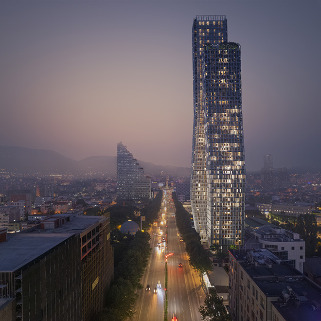 OODA -  Bond Tower, Tirana. Night Street View. Photo credit: Plomp