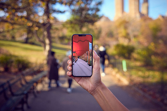 Early image of The Gates AR Experience to be available in Central Park through the Bloomberg Connects app in February 2025. © 2025 Christo and Jeanne-Claude Foundation.