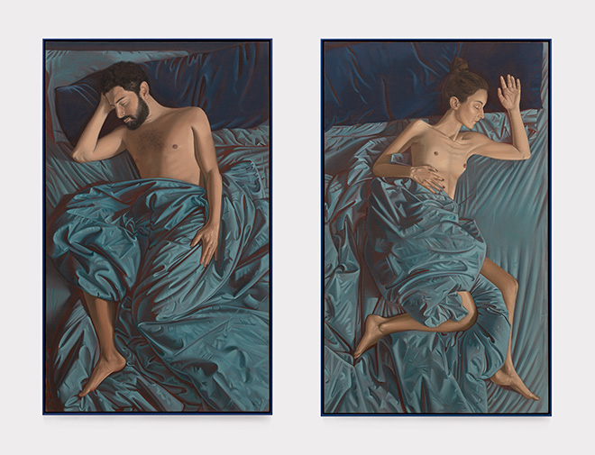 Patrizio di Massimo - 28B Erlanger Road (Nicoletta and Patrizio), 2024, Diptych Oil on linen. Each: 200.5 x 120.5 cm; 204 x 124.3 x 5.6 cm (framed). Total: ca. 204 x 260 x 5.6 cm (framed). Courtesy: the artist; Gió Marconi, Milan . Photo: Eleonora Agostini