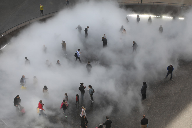 Nakaya Fujiko, London Fog, Fog Performance #03779, 2017, Installation view from “BMW Tate Live Exhibition: Ten Days Six Nights,” Tate Modern, London, UK Collaboration: Min Tanaka (Dance), Shiro Takatani (Lighting), Ryuichi Sakamoto (Music).  Photo by Noriko Koshida