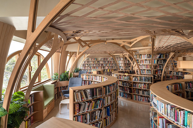 Studio HINGE - The Forest of Knowledge. Window reading bays and hedge formations. Photo credit: Suryan//Dang